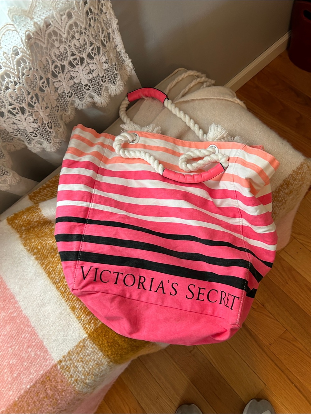 Victoria's Secret Pink Ombre Stripe Tote with Rope Handles